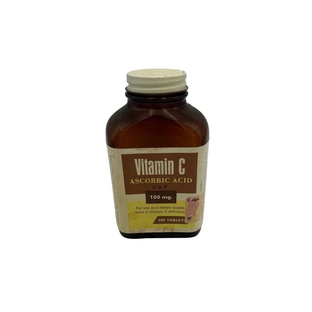 Vintage 70s Home Drug Co Vitamin C Amber Glass Apothecary Bottle Empty